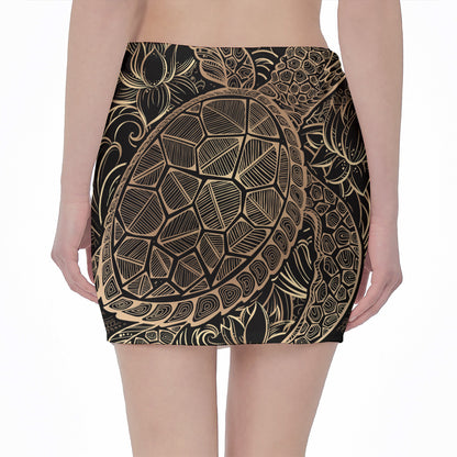 Black And Gold Sea Turtle Print Pencil Mini Skirt