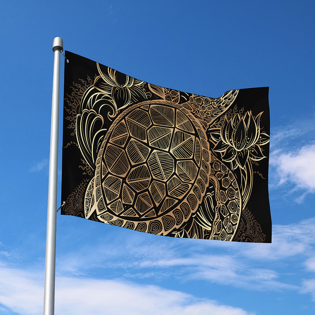Black And Gold Sea Turtle Print Polyester Flag