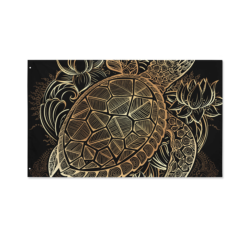 Black And Gold Sea Turtle Print Polyester Flag