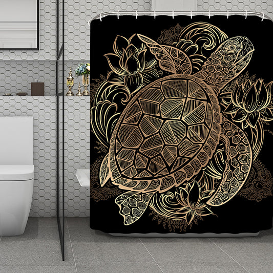 Black And Gold Sea Turtle Print Polyester Shower Curtain