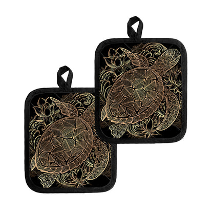 Black And Gold Sea Turtle Print Pot Holders