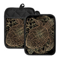 Black And Gold Sea Turtle Print Pot Holders With Pocket