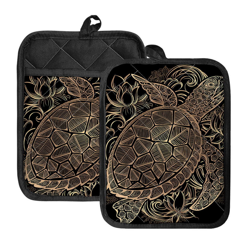 Black And Gold Sea Turtle Print Pot Holders With Pocket