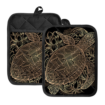 Black And Gold Sea Turtle Print Pot Holders With Pocket