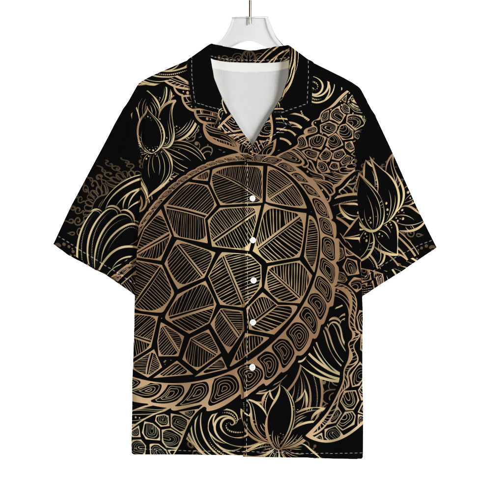 Black And Gold Sea Turtle Print Rayon Hawaiian Shirt