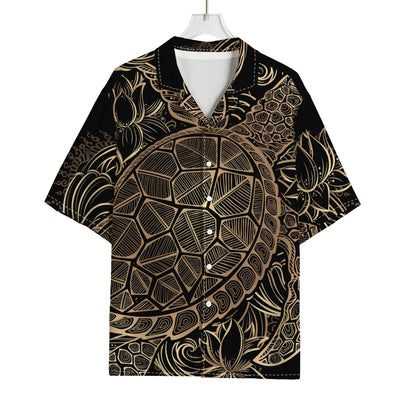 Black And Gold Sea Turtle Print Rayon Hawaiian Shirt