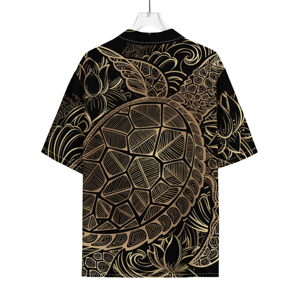 Black And Gold Sea Turtle Print Rayon Hawaiian Shirt