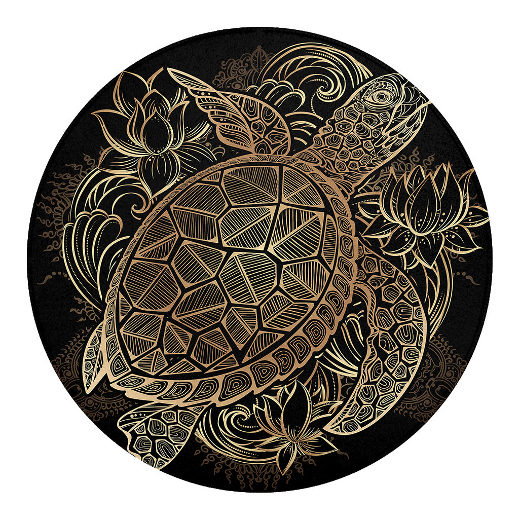 Black And Gold Sea Turtle Print Round Blanket