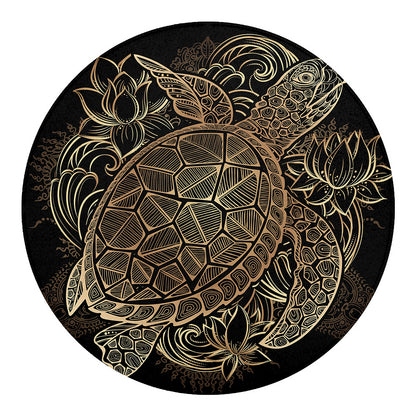 Black And Gold Sea Turtle Print Round Blanket