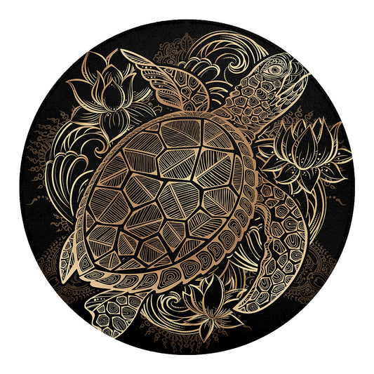 Black And Gold Sea Turtle Print Round Blanket