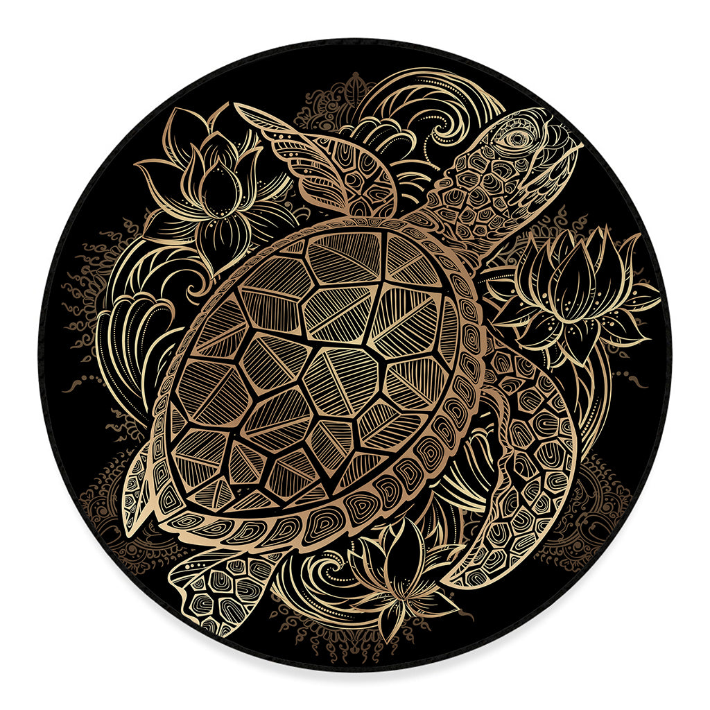 Black And Gold Sea Turtle Print Round Floor Mat