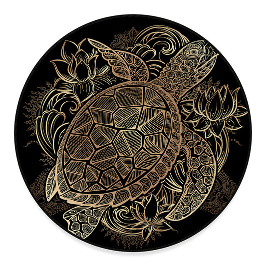 Black And Gold Sea Turtle Print Round Floor Mat