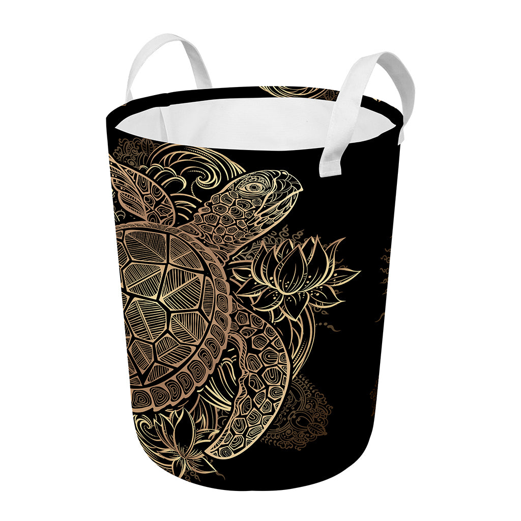 Black And Gold Sea Turtle Print Round Laundry Basket