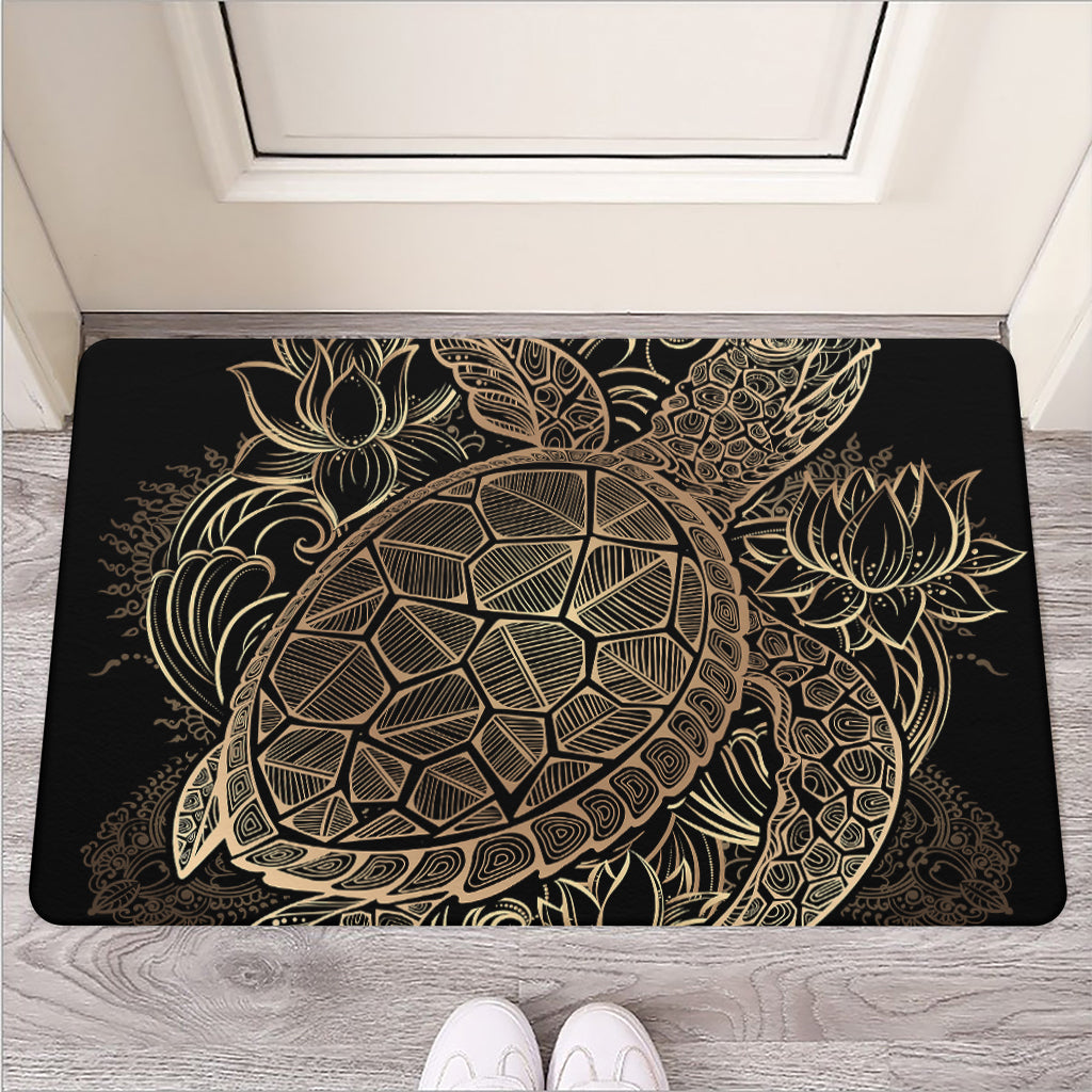 Black And Gold Sea Turtle Print Rubber Doormat