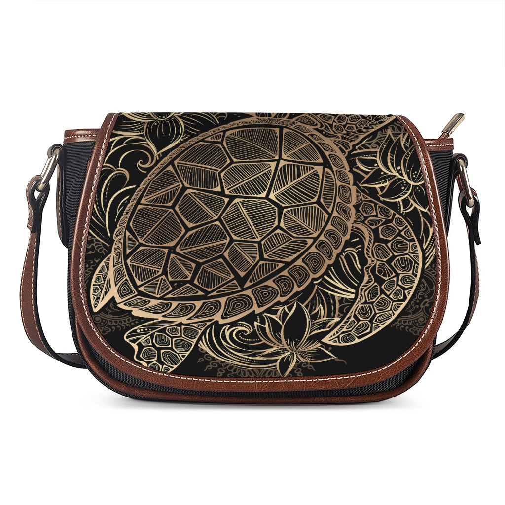 Black And Gold Sea Turtle Print Saddle Bag