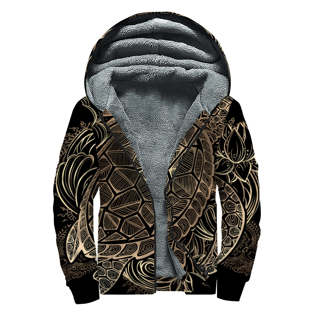 Black And Gold Sea Turtle Print Sherpa Lined Zip Up Hoodie