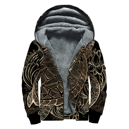 Black And Gold Sea Turtle Print Sherpa Lined Zip Up Hoodie