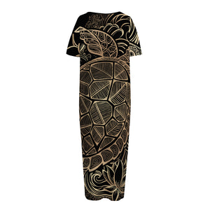 Black And Gold Sea Turtle Print Short Sleeve Long Nightdress