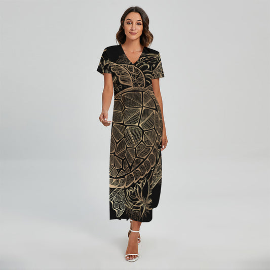 Black And Gold Sea Turtle Print Short Sleeve Maxi Dress