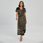 Black And Gold Sea Turtle Print Short Sleeve Maxi Dress