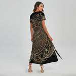 Black And Gold Sea Turtle Print Short Sleeve Maxi Dress