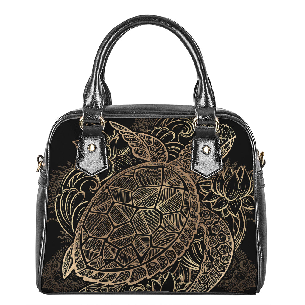 Black And Gold Sea Turtle Print Shoulder Handbag
