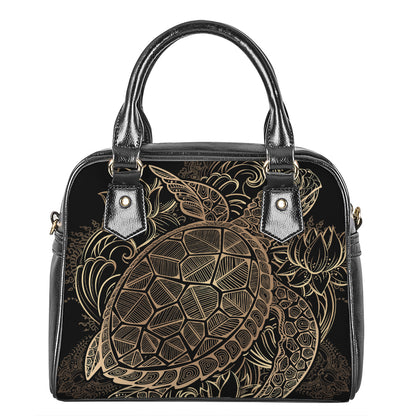Black And Gold Sea Turtle Print Shoulder Handbag