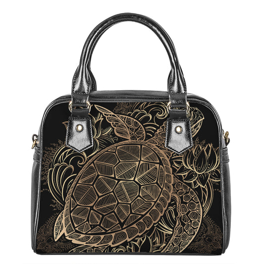Black And Gold Sea Turtle Print Shoulder Handbag