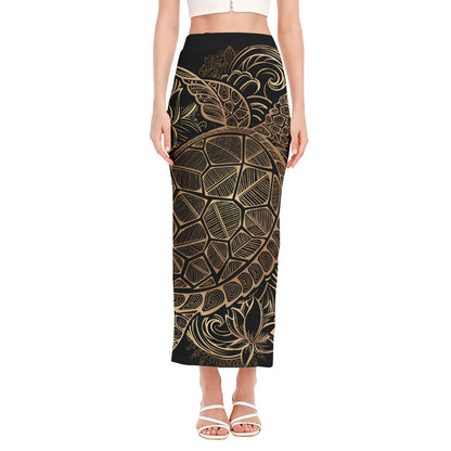 Black And Gold Sea Turtle Print Side Slit Maxi Skirt
