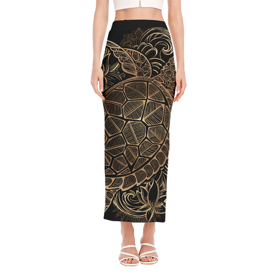 Black And Gold Sea Turtle Print Side Slit Maxi Skirt