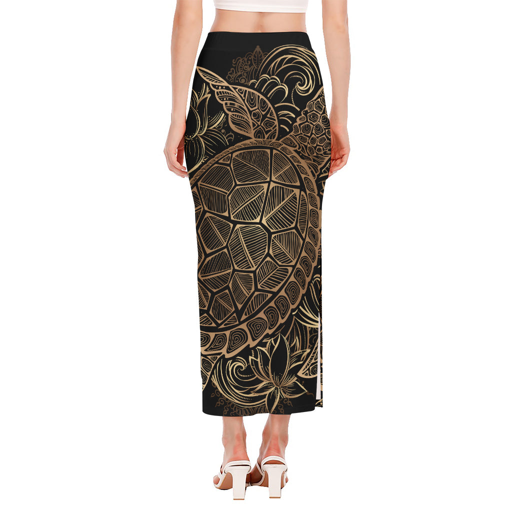 Black And Gold Sea Turtle Print Side Slit Maxi Skirt