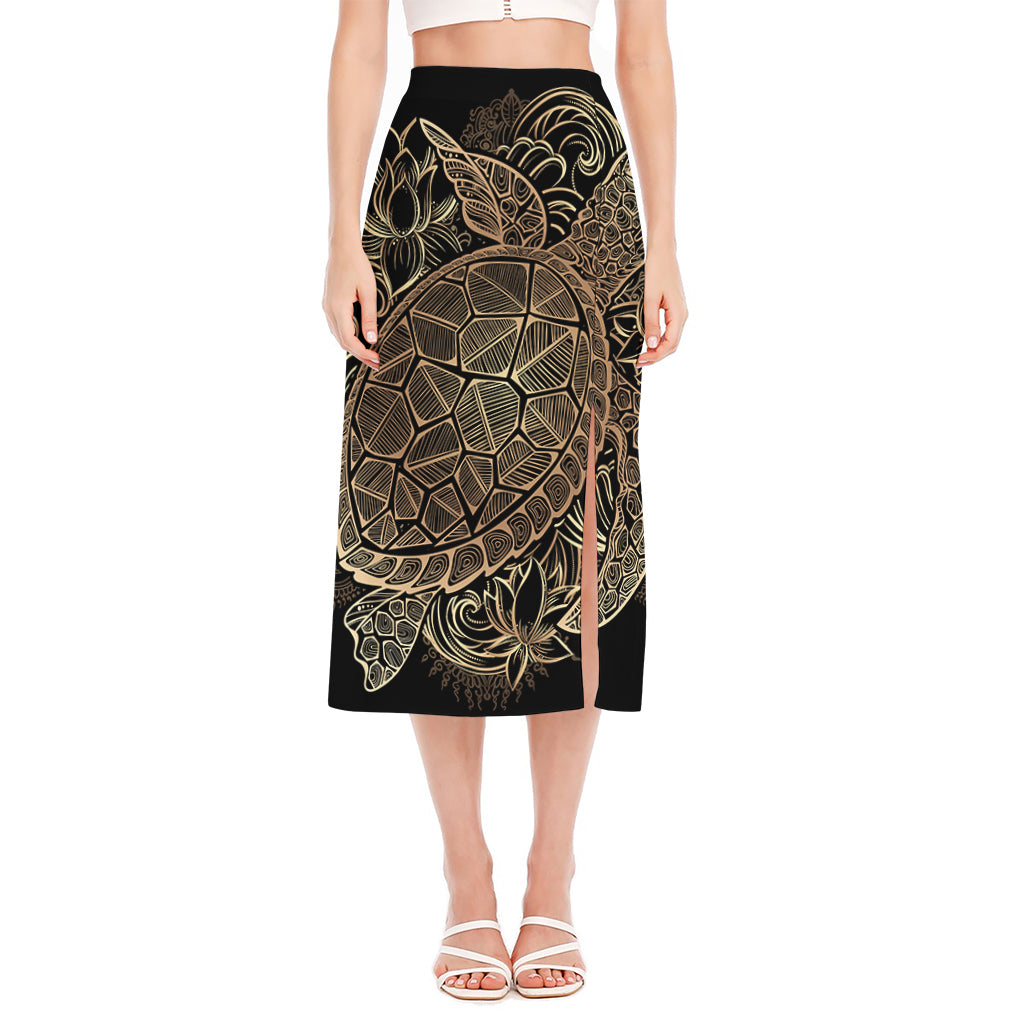 Black And Gold Sea Turtle Print Side Slit Midi Skirt