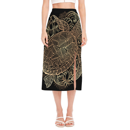 Black And Gold Sea Turtle Print Side Slit Midi Skirt