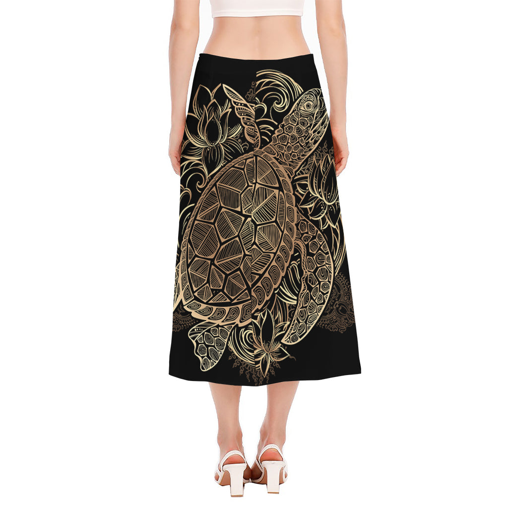 Black And Gold Sea Turtle Print Side Slit Midi Skirt