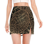 Black And Gold Sea Turtle Print Side Slit Mini Skirt