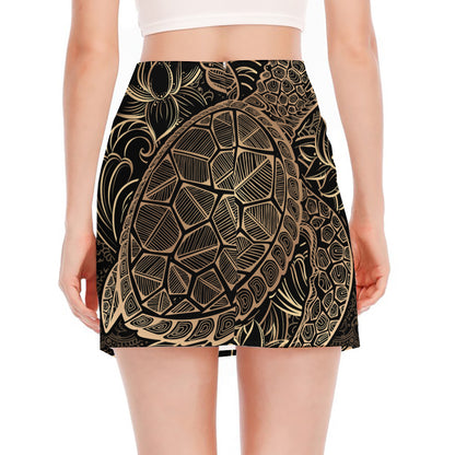 Black And Gold Sea Turtle Print Side Slit Mini Skirt