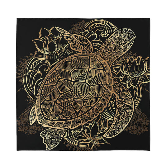Black And Gold Sea Turtle Print Silk Bandana