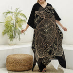 Black And Gold Sea Turtle Print Silk V-Neck Kaftan Dress