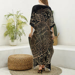 Black And Gold Sea Turtle Print Silk V-Neck Kaftan Dress