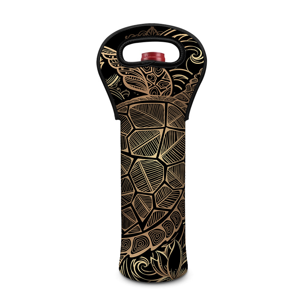 Black And Gold Sea Turtle Print Single Neoprene Wine Tote