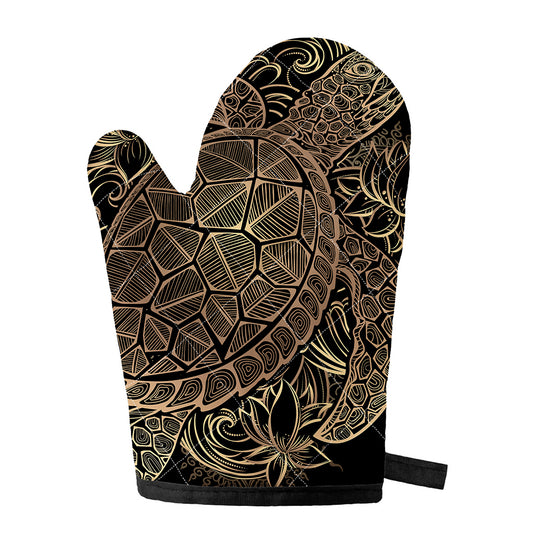 Black And Gold Sea Turtle Print Single Oven Mitt