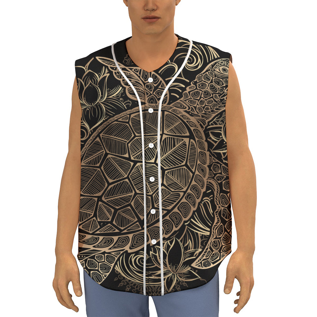 Black And Gold Sea Turtle Print Sleeveless Baseball Jersey
