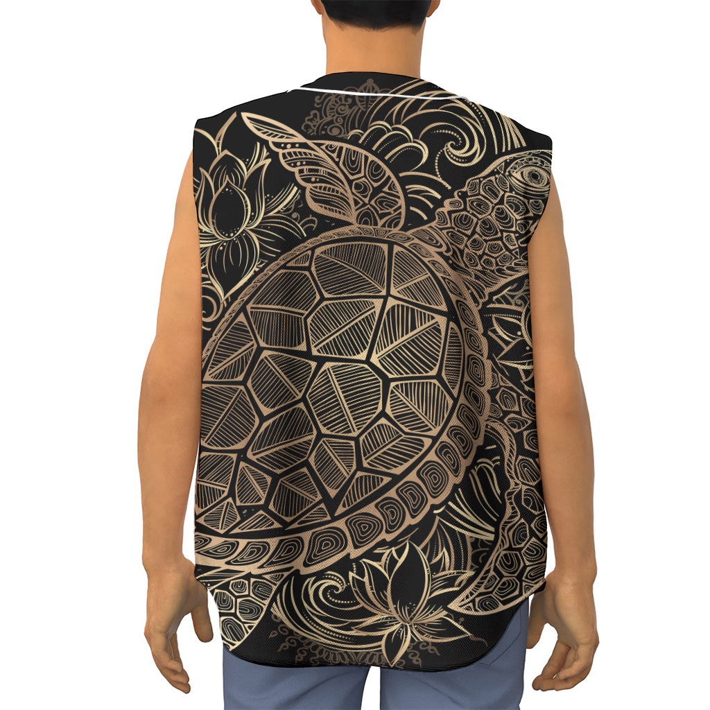 Black And Gold Sea Turtle Print Sleeveless Baseball Jersey