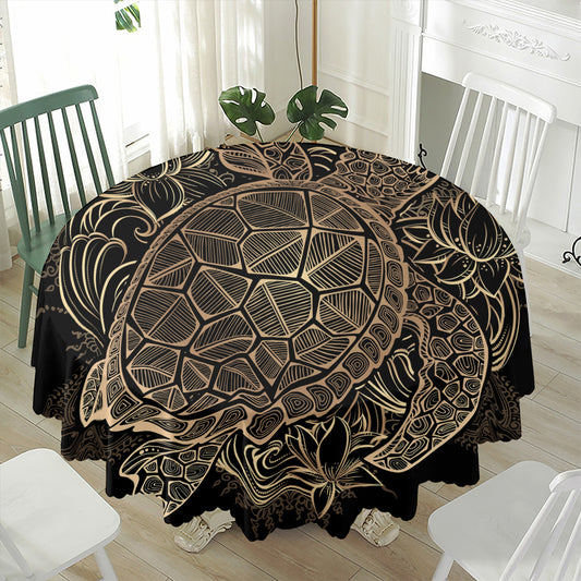 Black And Gold Sea Turtle Print Waterproof Round Tablecloth
