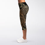 Black And Gold Sea Turtle Print Women's Capri Leggings