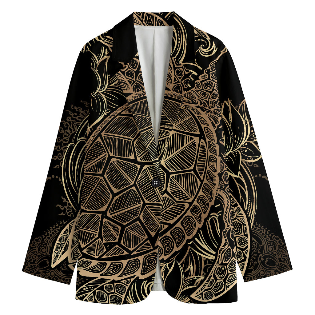 Black And Gold Sea Turtle Print Women's Cotton Blazer