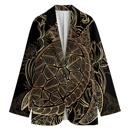 Black And Gold Sea Turtle Print Women's Cotton Blazer