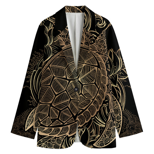 Black And Gold Sea Turtle Print Women's Cotton Blazer
