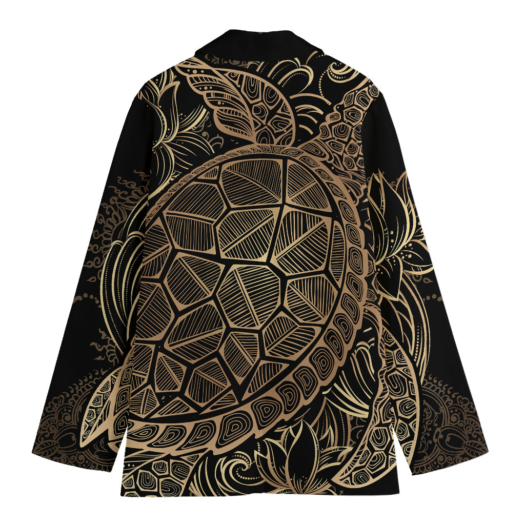Black And Gold Sea Turtle Print Women's Cotton Blazer