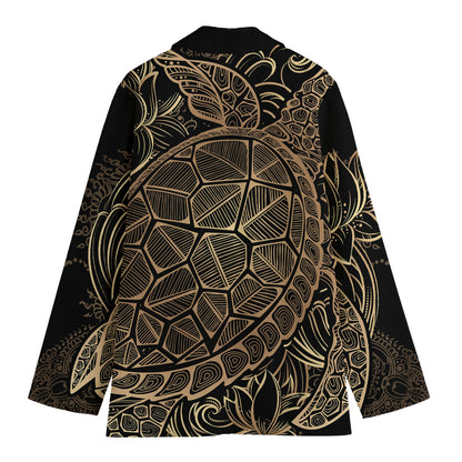 Black And Gold Sea Turtle Print Women's Cotton Blazer